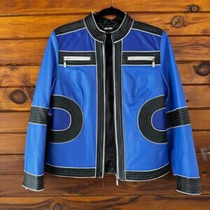 VINTAGE | Y2K Pamela McCoy Moto Biker Racer Blue Leather Jacket Size Small